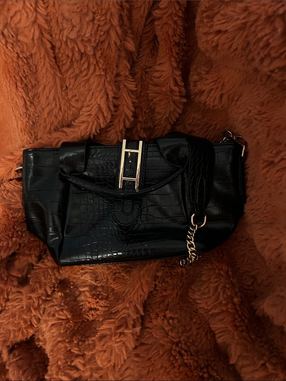 H by Halston Black Croc-Embossed Shoulder Bag with Gold Hardware